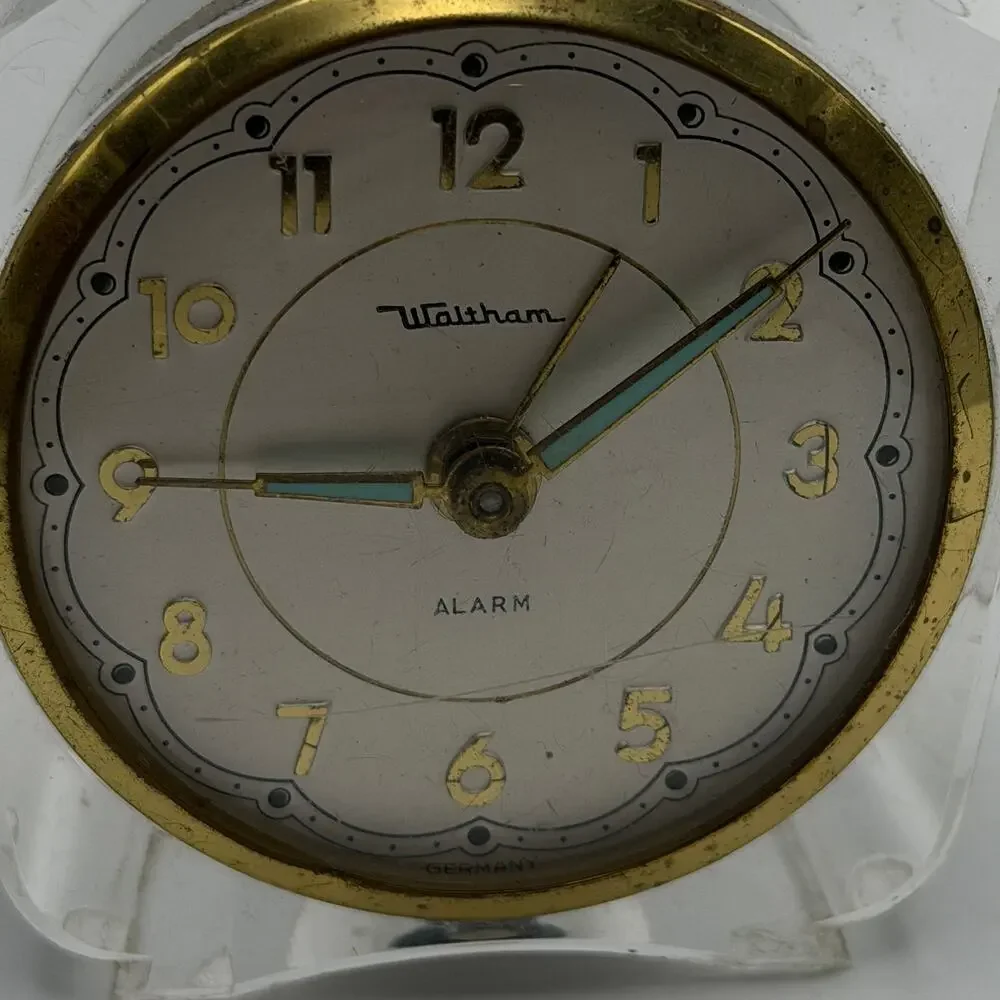 Waltham Alarm Clock Mechanical Clear Lucite Case Brass Germany Parts Display